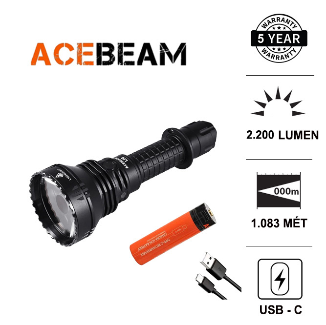 Đèn pin chiếu xa ACEBEAM L19 V2 TRẮNG độ sáng 2200 lumen chiếu xa 1083m LED SFT40 kèm pin sạc 21700 USB Đèn Đèn pin