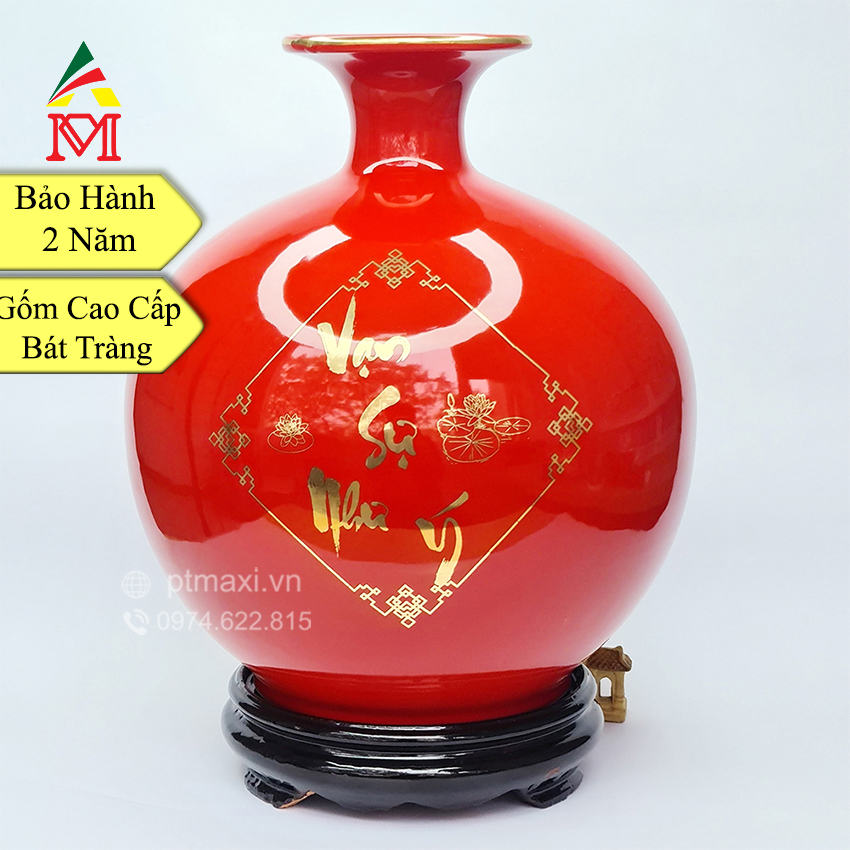 Bình hút lộc gốm sứ bát tràng đỏ vẽ vàng -vạn sự như ý - cá chép hoa sen. kèm cốt hút lộc