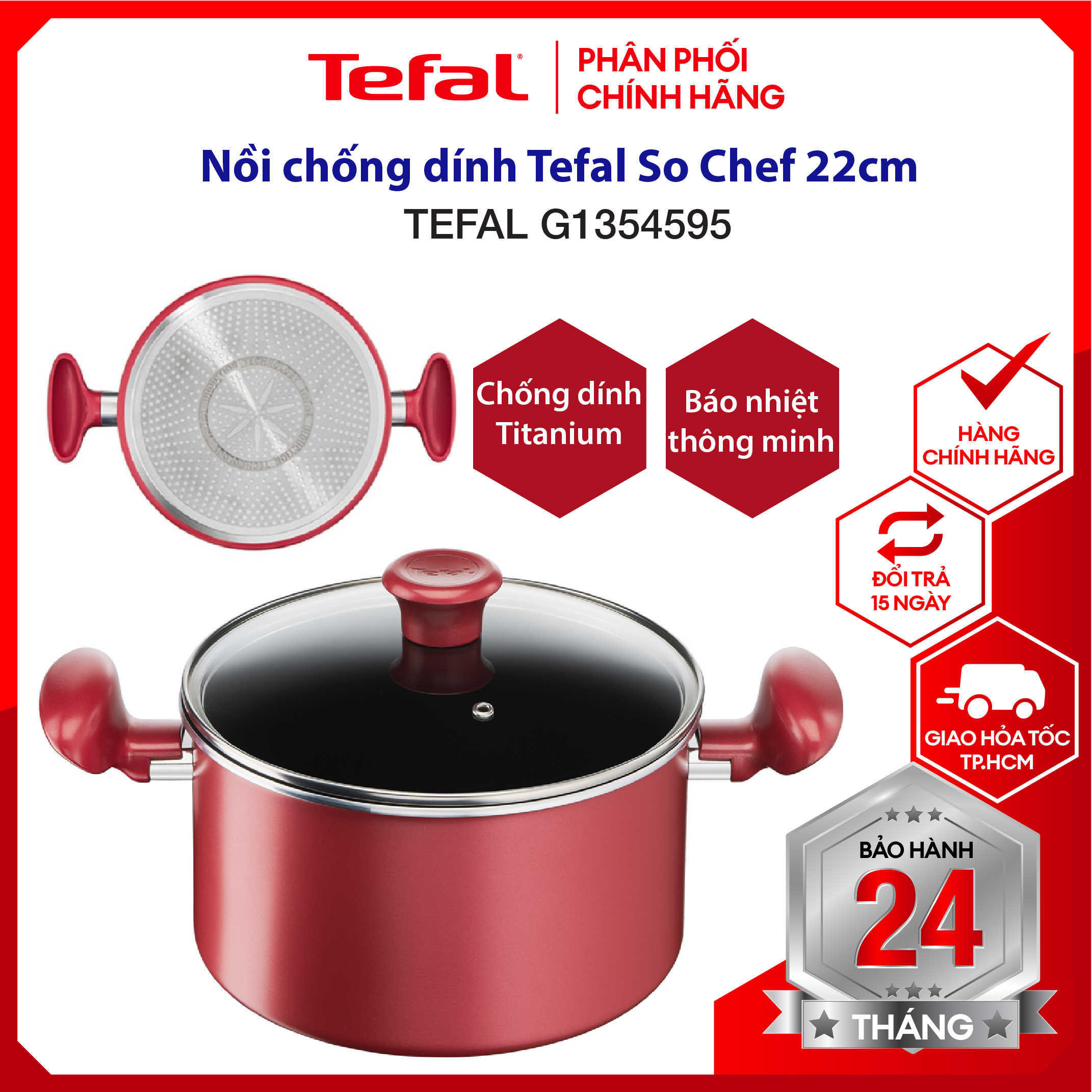 |hỏa tốc 2h| nồi chống dính, nồi đáy từ tefal so chef 22cm - size 22 - dùng cho mọi loại bếp, bảo hành 2 năm