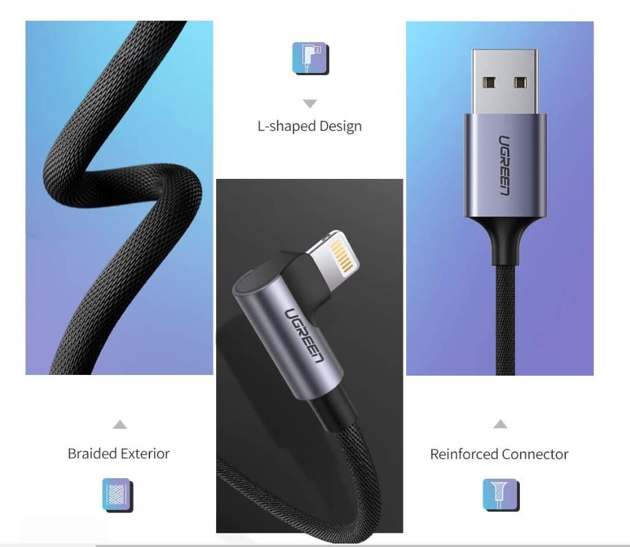 Cáp sạc cổng Lightning cho iPhone/iPad dây bện một đầu vuông góc 90 độ dài 1m US299 Cáp sạc cổng Lightning cho iPhone/iPad dây bện một đầu vuông góc 90 độ dài 1m US299