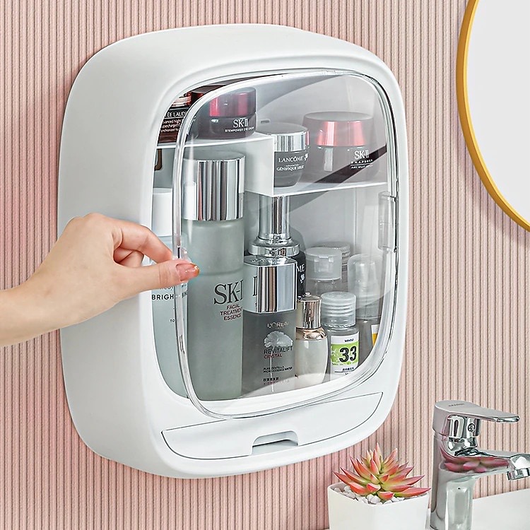 Tủ đựng mỹ phẩm treo tường, kệ để mỹ phẩm trong nhà tắm màu trong suốt, hộp đựng mỹ phẩm gắn tường chống bụi
