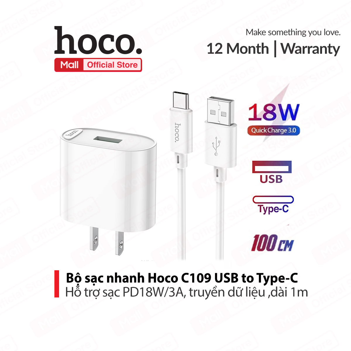 Bộ sạc nhanh USB to Type-C Hoco C109 PD18W+QC3.0 dùng cho android
