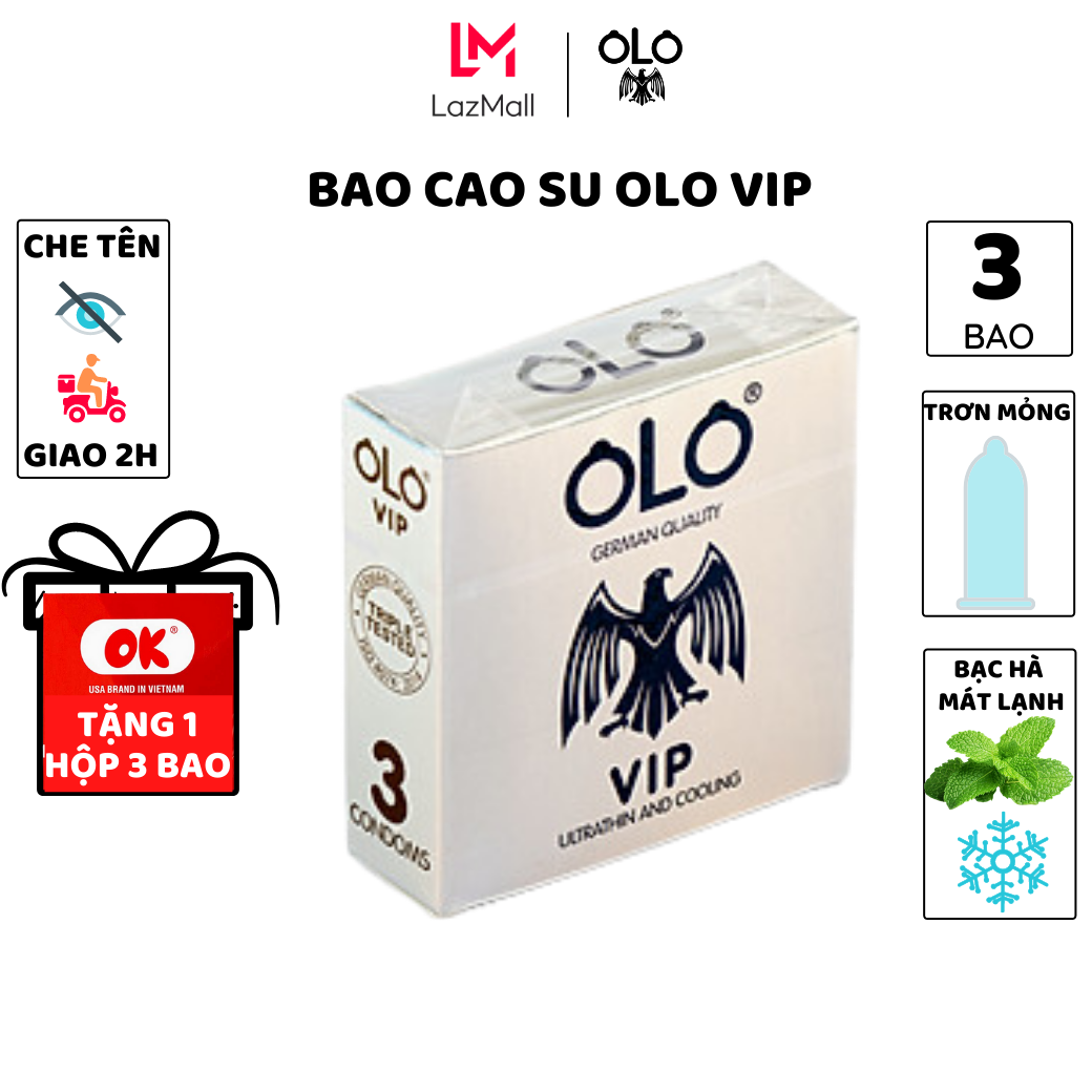 Bao cao su olo Vip Ultrathin Cool 3 bao/hộp bạc hà chống tuột kéo dài thời gian