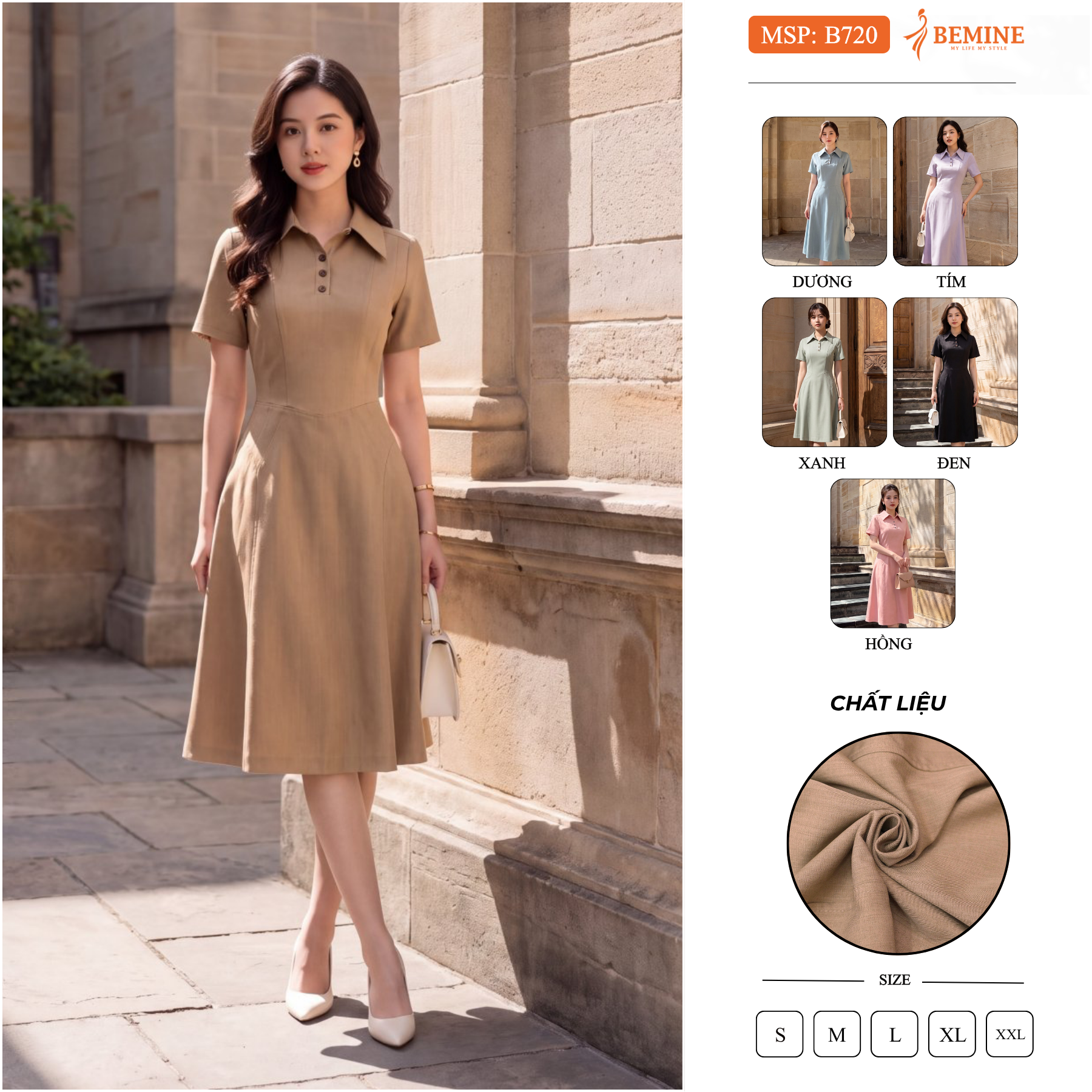 [DUY NHẤT 25-29.09-VOUCHER 40K]Đầm thiết kế BEMINE cổ sơ mi dáng chữ A phù hợp đi làm-B720