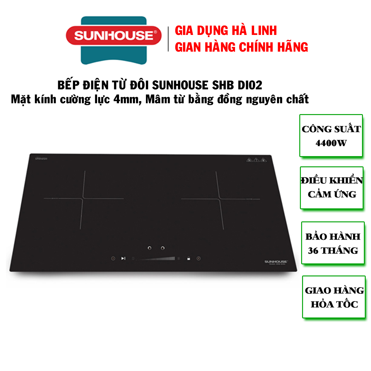[Trả góp 0%]Bếp đôi điện từ Sunhouse SHB DI02 - Bếp từ đôi Sunhouse, Mặt kính vát cao cấp siêu bền, Công suất cao 4400W nấu nhanh , Bảng điều khiển cảm ứng thông minh, Bảo hành 36 tháng tại nhà