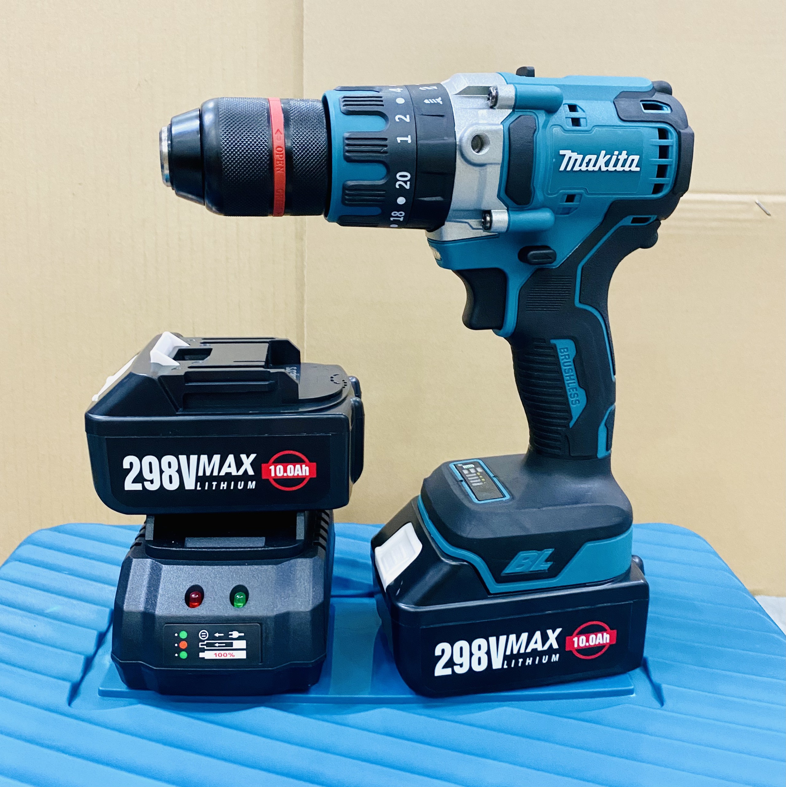 Máy khoan pin không chổi than 298V Makita loại 3 chức năng / Chuyên khoan bê tông, khoan tường, khoan sắt, khoan gỗ / Ruột đồng 100%