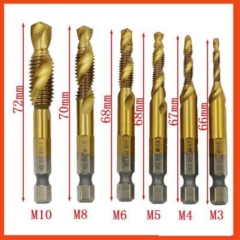 Bộ 6 mũi khoan taro tạo ren M3 đến M10, thep hss phủ titan, mũi khoan taro, mũi taro