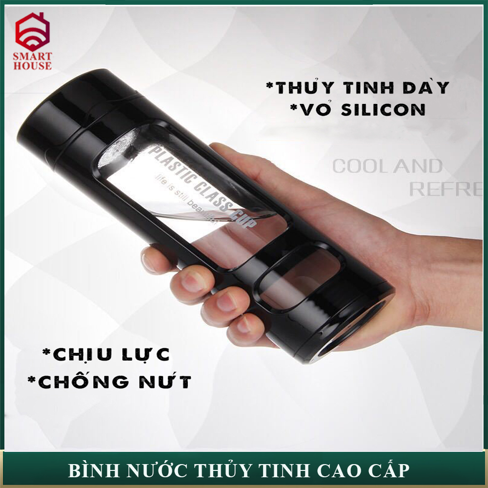 Bình nước thủy tinh cao cấp 360ml - Bình thủy tinh 2 lớp bọc nhựa cao cấp