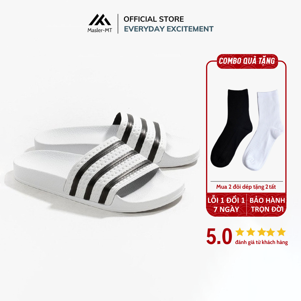 Dép quai ngang nam nữ M Masler-MT màu trắng sọc đen tinh tế với lớp đế dễ vệ sinh, chống nước và quai êm chân TD1