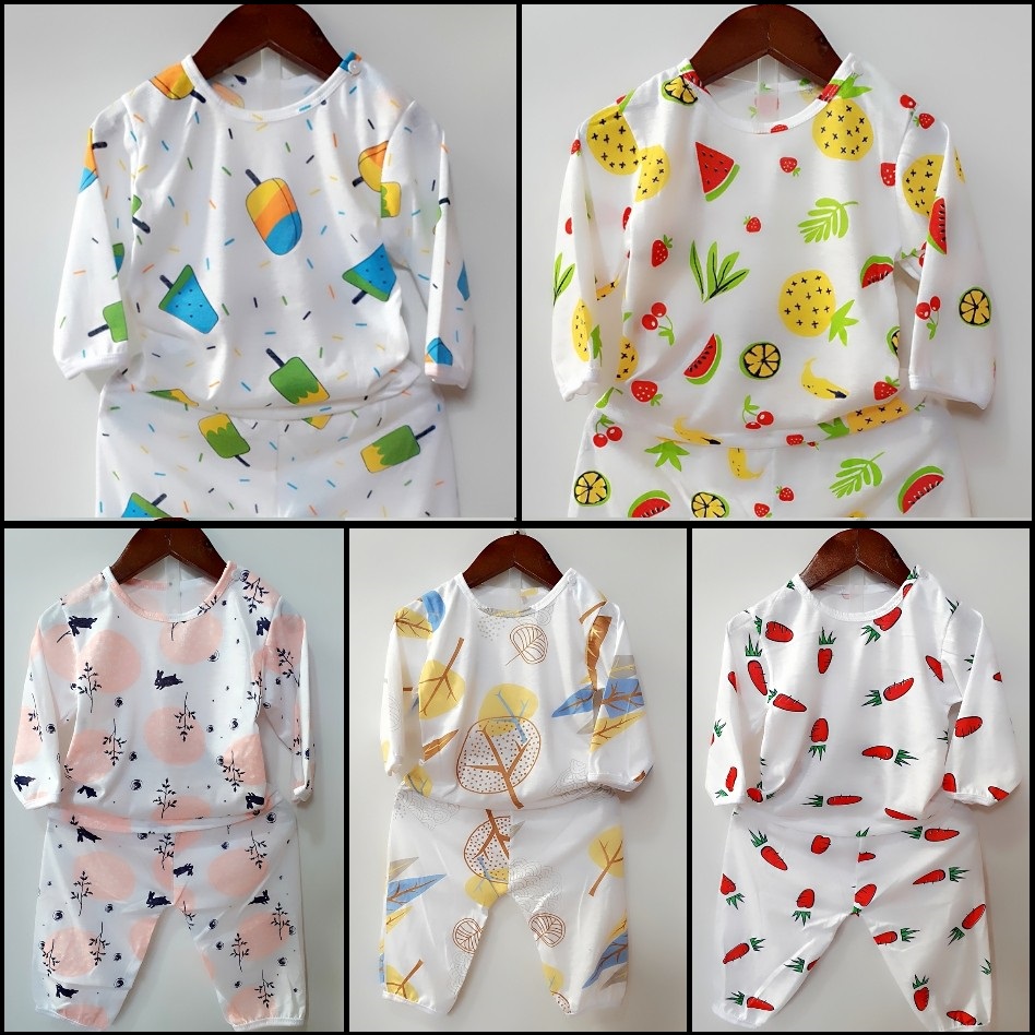 Combo 5 bộ quần áo dài khuy vai chất liệu cotton 2c họa tiết kem, trái cây cho bé 3-14kg