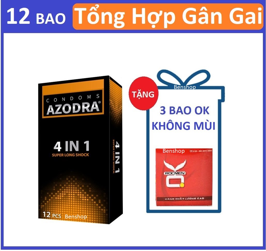 Bộ 1 hộp bao cao su gân gai ,kéo dài thời gian AZODRA 12c tặng 1 hộp bcs HQ 3c