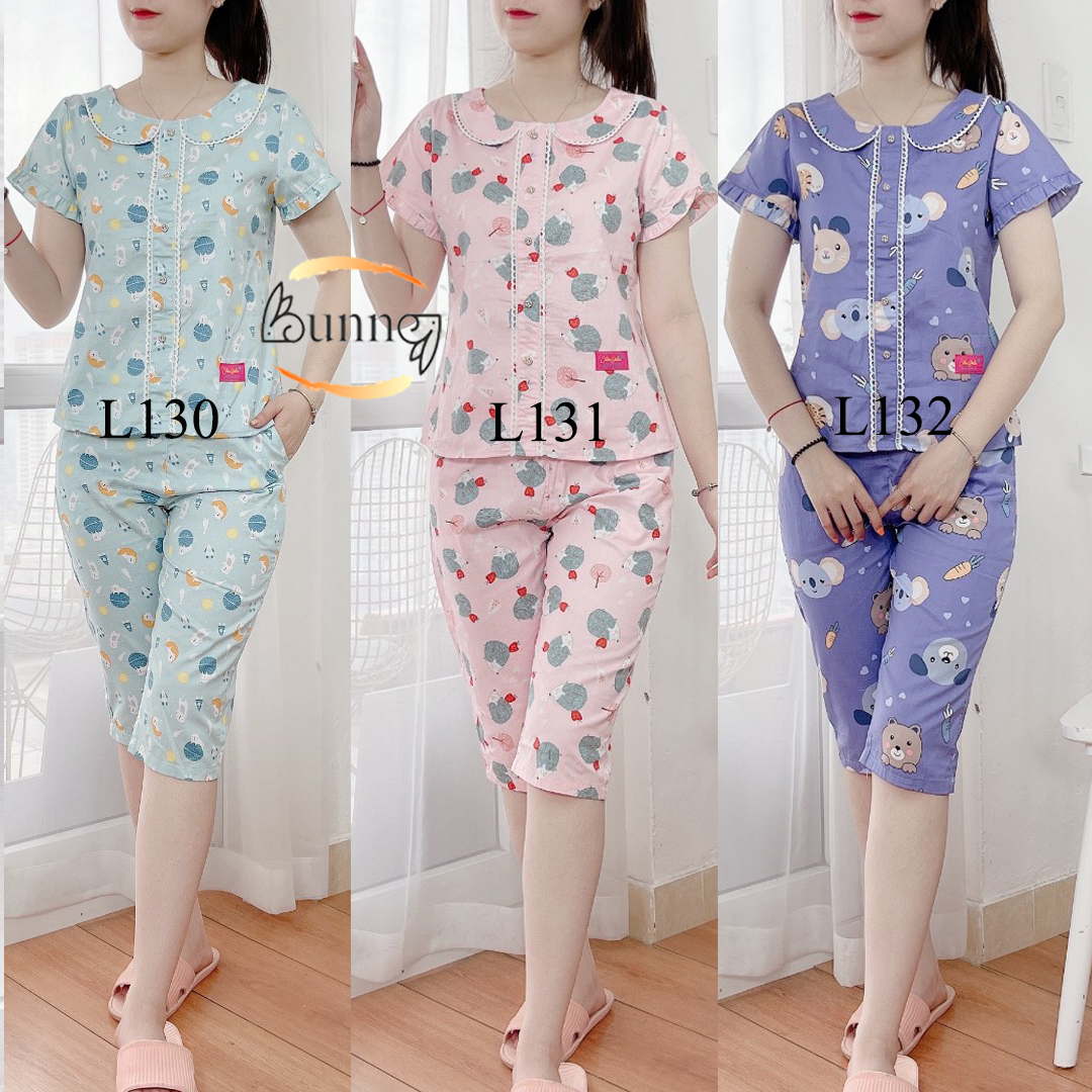 Đồ bộ mặc nhà, quần áo nữ mặc ở nhà mẫu lửng cổ sen họa tiết hoạt hình dễ thương