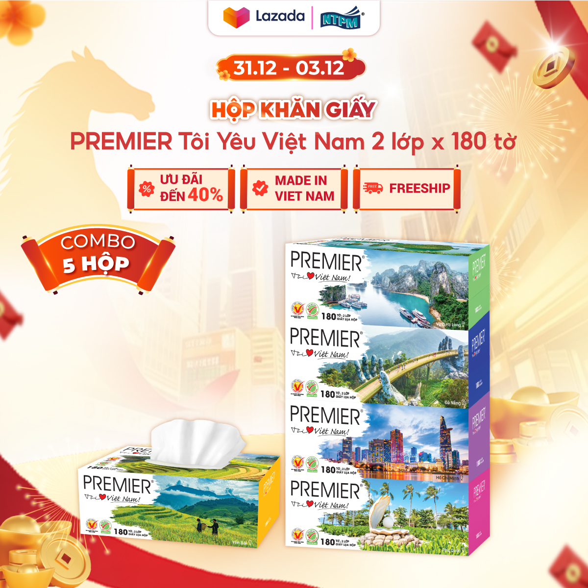   COMBO 5 HỘP  Khăn giấy lụa đa năng PREMIER Tôi Yêu Việt Nam 2 lớp – 100% bột giấy nguyên sinh không chất tẩy 180 tờ hộp – Chính hãng 