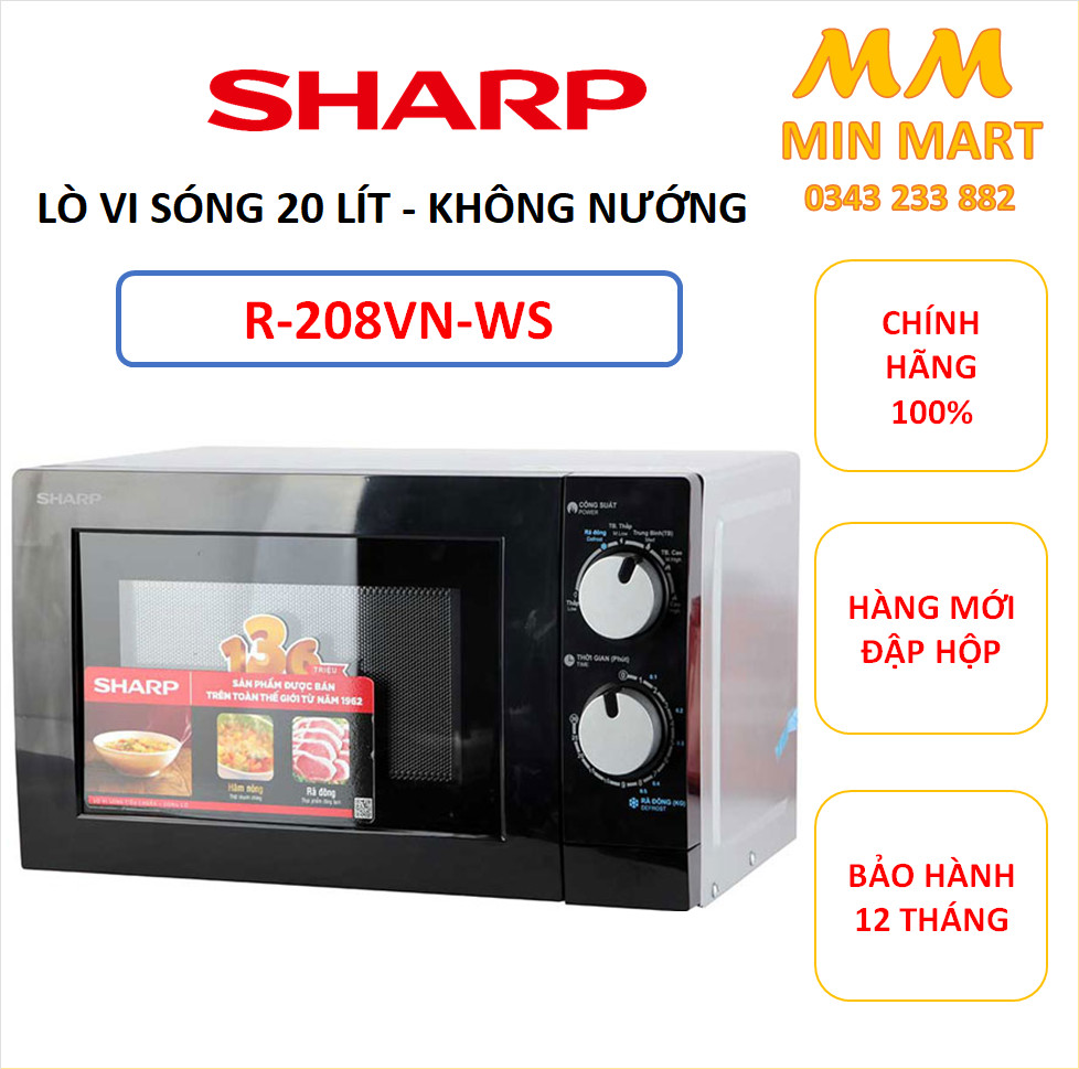 Lò vi sóng sharp r-208vn-ws 20l: cam kết chính hãng, hàng mới đập hộp, bảo hành 12 tháng