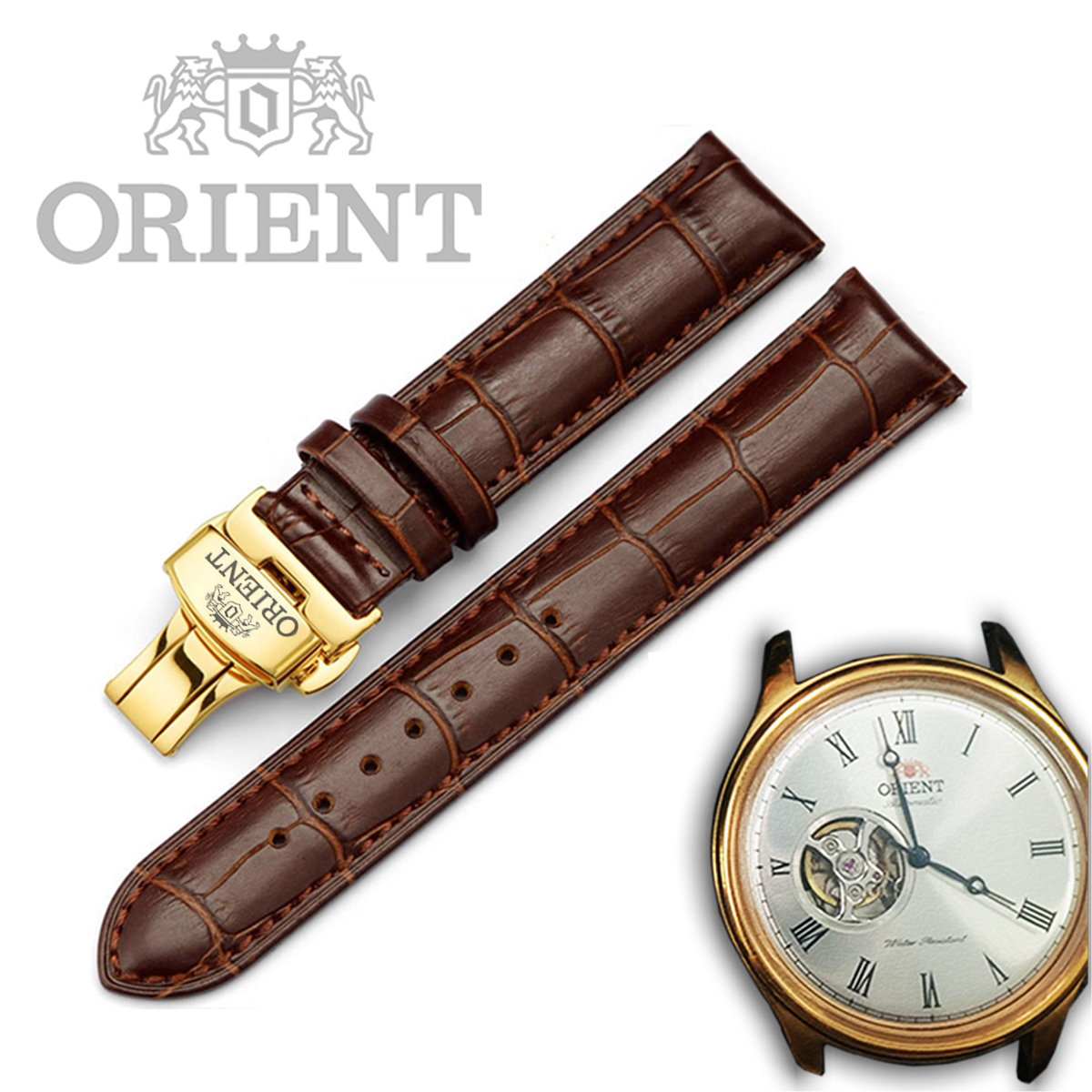 Dây đeo cho đồng hồ Orient, da bò dập vân cá sấu, chống hút mồ hôi, khoá bướm 2 nút bấm khắc logo theo yêu cầu - D1701