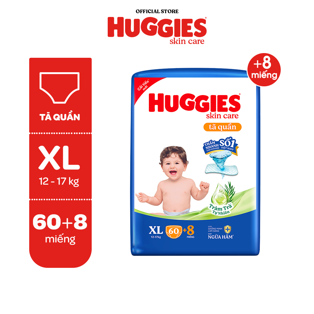 Tã/bỉm quần HUGGIES SKINCARE gói M76+8/L68/XL60/XXL54