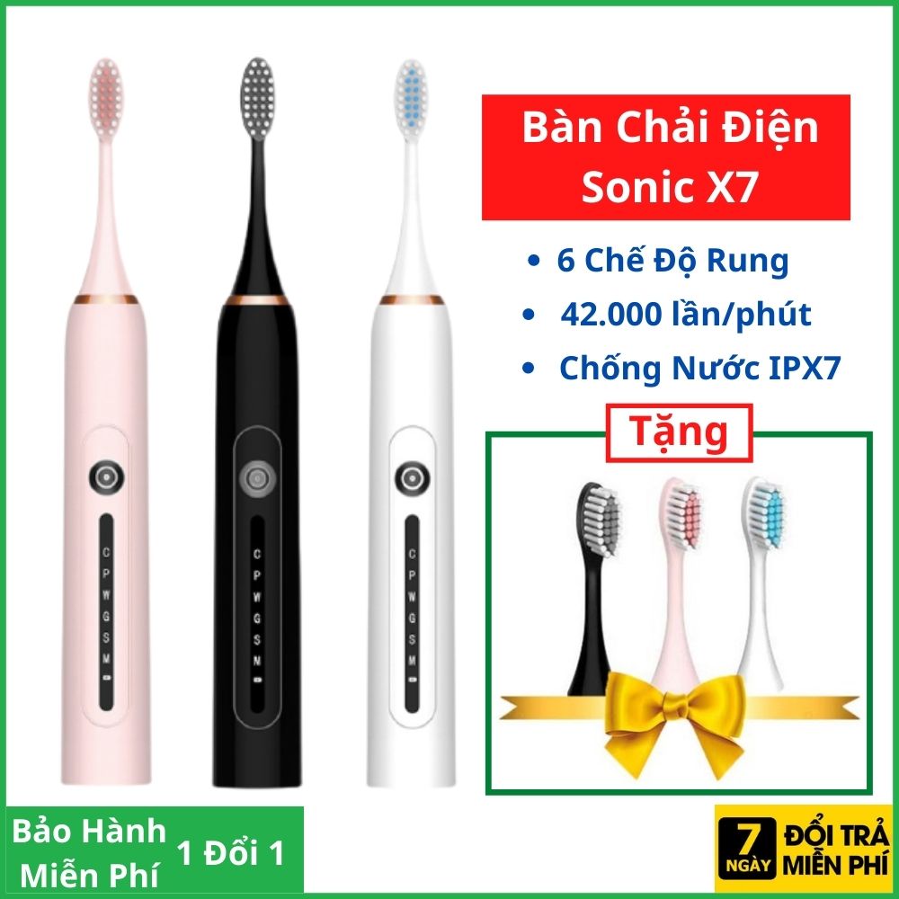 [Tặng 4 đầu bàn chải] Bàn Chải Điện Sonic X7 công nghệ Châu Âu, Bàn Chải Đánh Răng Điện Sonic X7, 6 chế độ rung, Bảo vệ nướu, Sạc 1 lần dùng 2 tháng
