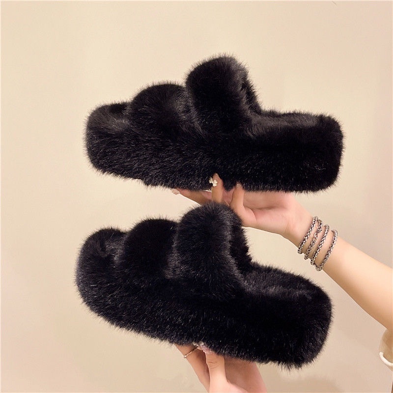 HOÀN TIỀN 15% - Dép Bông Bản Hai Quai Ngang Phủ Lông Dày Đế Cao 4cm Dễ Thương Thời Trang Mùa Thu Đông 2023