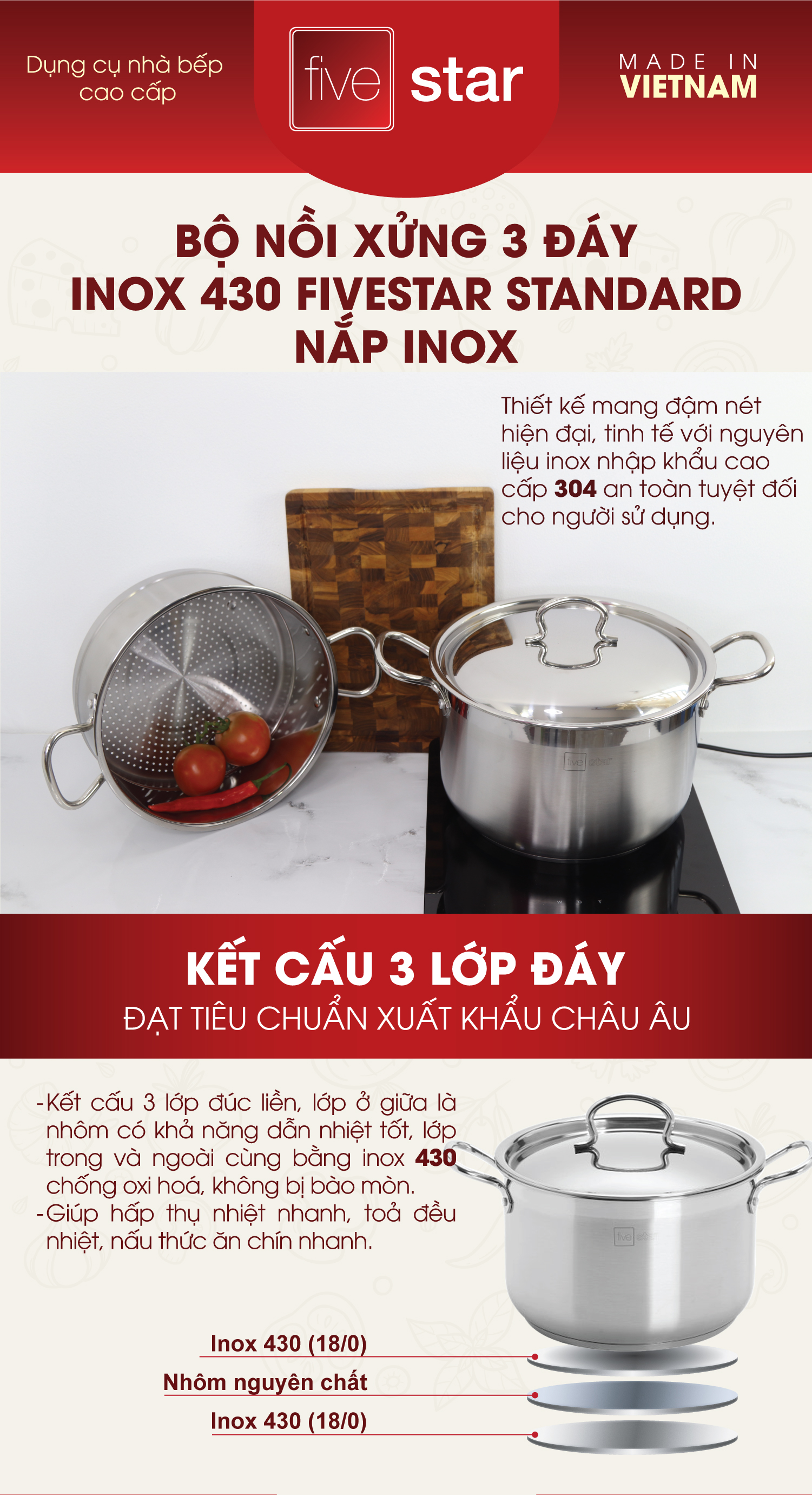 Bộ xửng hấp 3 đáy inox 430 FiveStar Standard  dùng cho mọi loại bếp  nắp inox  , tặng 2 muỗng canh  ( 32cm ) - shop bếp xinh