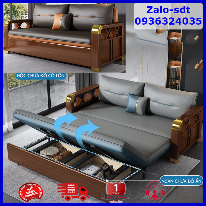 Sofa giường thông minh cao cấp đệm sơ dừa, cao su, sofa gỗ có hộc chứa đồ KT 1m8 hoặc 2m