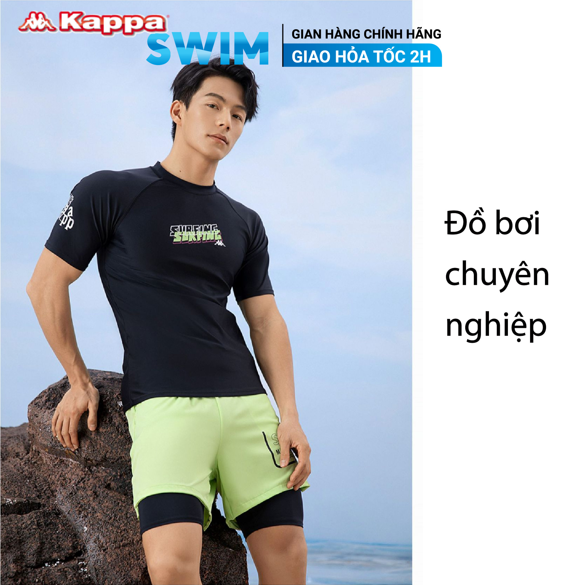  Bộ Đồ Bơi Nam Kappa Cộc Tay Bộ Bơi Nam Cộc Tay Đồ Bơi Nam Cộc Tay Bộ Bơi Nam Màu Đen Quần Bơi Nam 2 Lớp 