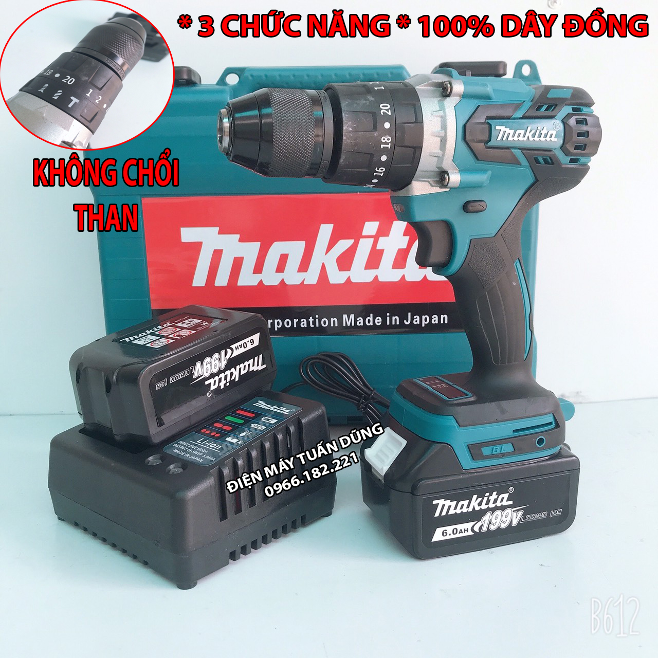 Máy khoan dùng pin Makita 199V Động cơ Không chổi than siêu mạnh mẽ