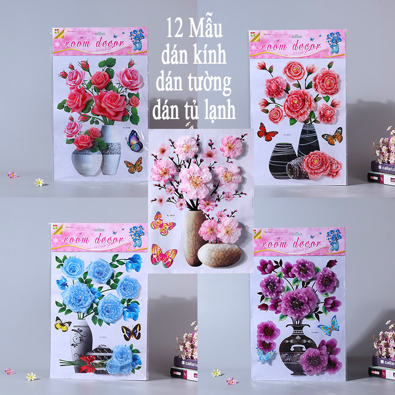 Decal bình hoa 3D sẵn keo, Tranh nổi 3D các loại hoa trang trí 31x41 cm l Tranh cửa sổ 12 mẫu