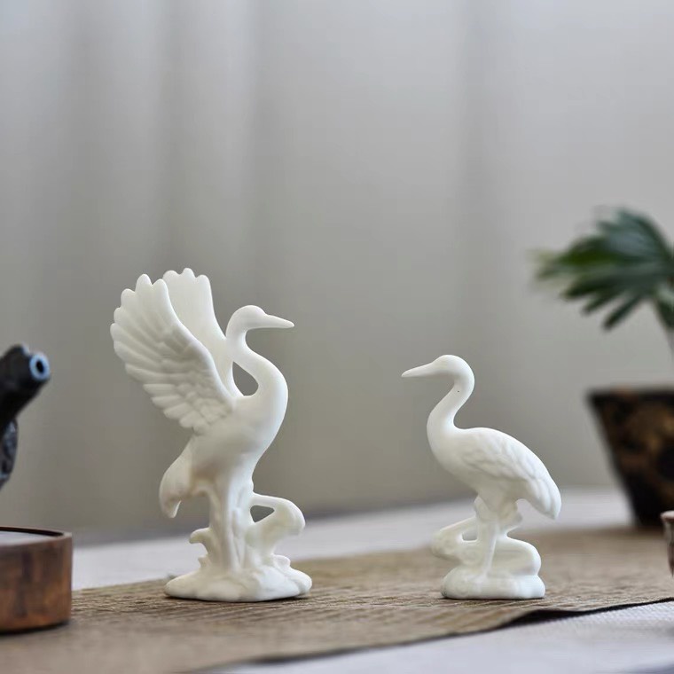Tượng hạc tiên gốm sứ trắng, tượng hạc trang trí bàn trà, cây cảnh