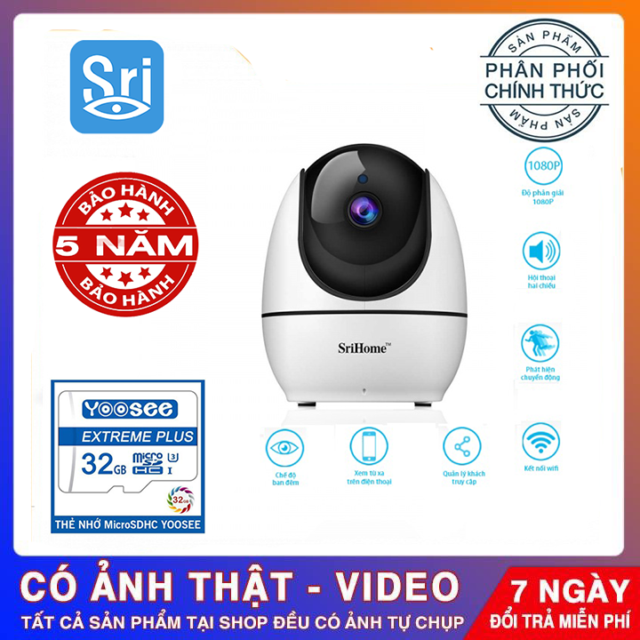 [TẶNG THẺ CHUYÊN DỤNG 32GB BẢO HÀNH 5 NĂM] Camera WiFi không dây Srihome SH026 , xoay 360 độ hình ảnh sắc nét 2.0Mpx 1920X1080p ghi âm ghi hình , đàm thoại 2 chiều , cảnh báo , xem đêm