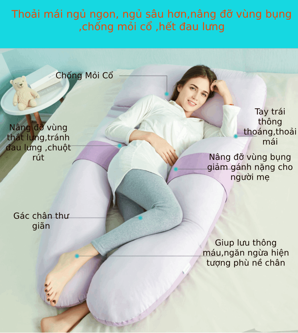 Gối chữ U cho bà bầu , gối ôm bà bầu tháo rời tiện lợi
