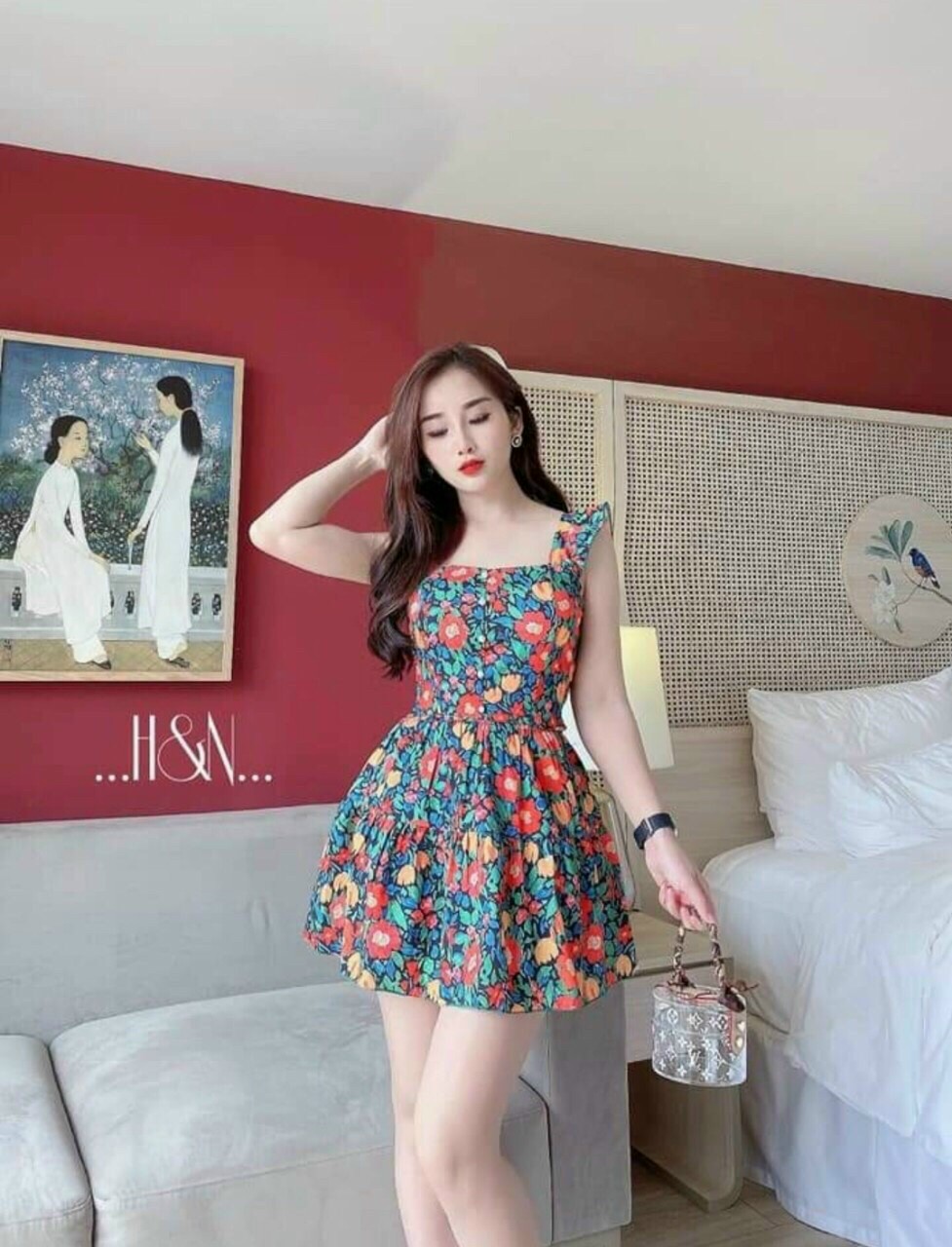 Bộ ngủ 2 dây lụa cao cấp ,sét bộ mix giả đầm 2 dây lụa họa siêu xinh ht