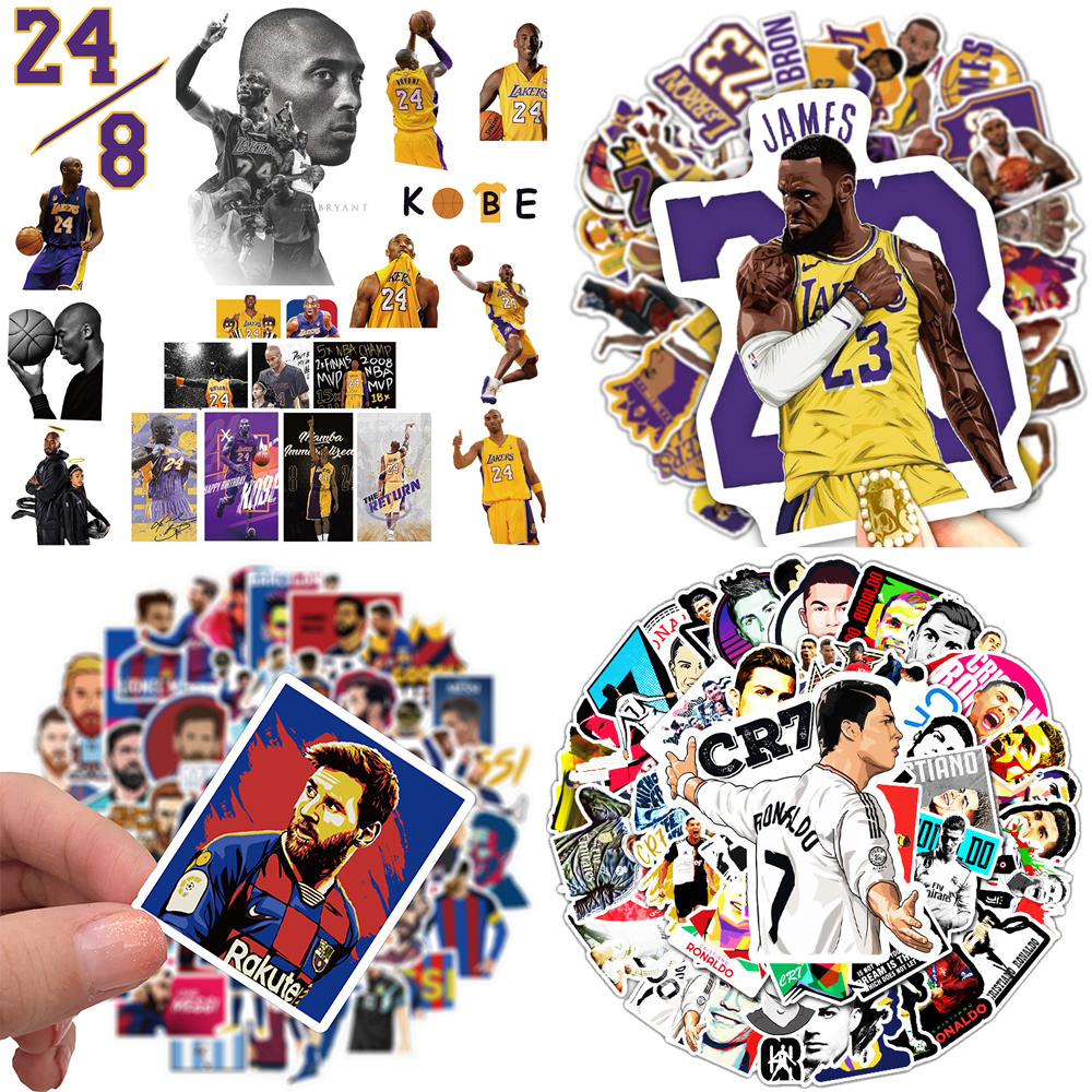 Sticker Bóng Đá Bóng Rổ 50 Decal Cắt Sẵn Neymar Messi Ronaldo NBA Kobe Curry Durant James Kyrie Sneaker Slam Dunk Dán Điện Thoại Laptop Sổ Xe Tường Mũ Bảo Hiểm Bình Nước Vali