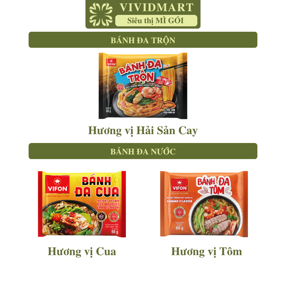 [GÓI LẺ] - VIFON - Bánh đa Vifon gói 3 vị: Cua, Tôm, Hải sản cay, bánh đa gói Vifon, bánh đa trộn Vifon ăn liền (60g/gói)
