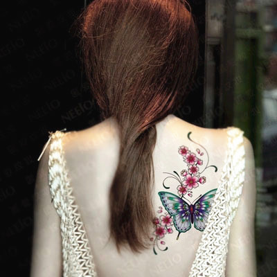 Hình xăm dán nữ tatoo bướm hoa lưng kích thước 15 x 21 cm, 100% như xăm thật