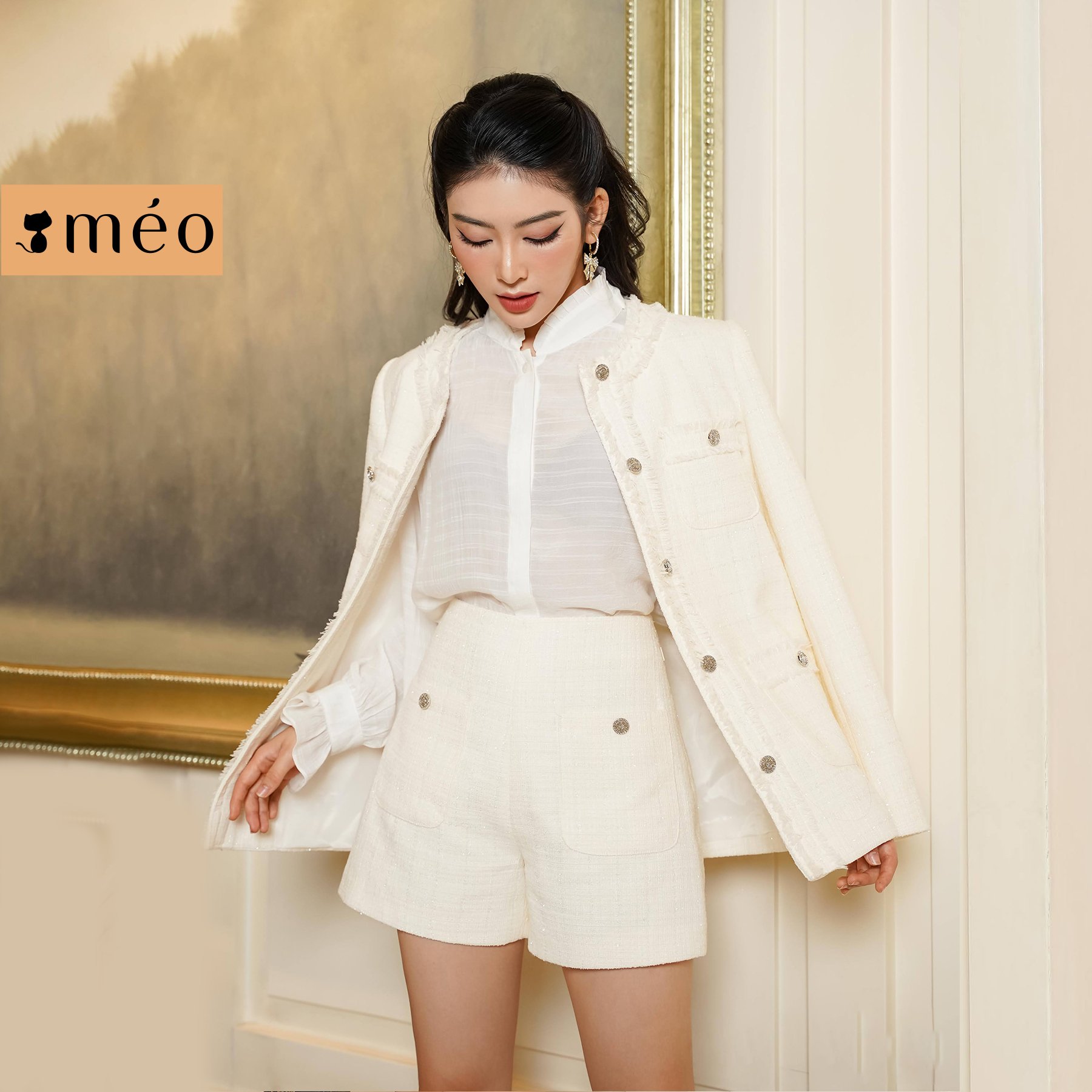 Quần short nữ Méo shop quần dạ tweed cạp cao phối túi Destiny