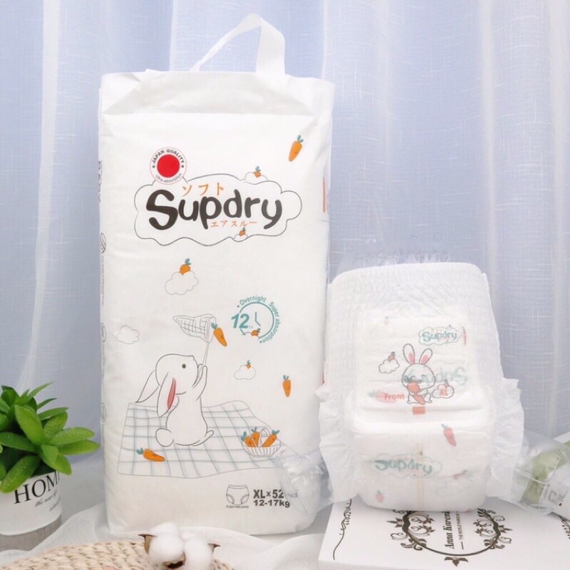 Bỉm tã dán, quần Supdry cao cấp mềm mỏng siêu thấm M64/L58/XL52/XXL50 - Hàng chính hãng có vạch báo đầy, có miêng dán sau, bo mông