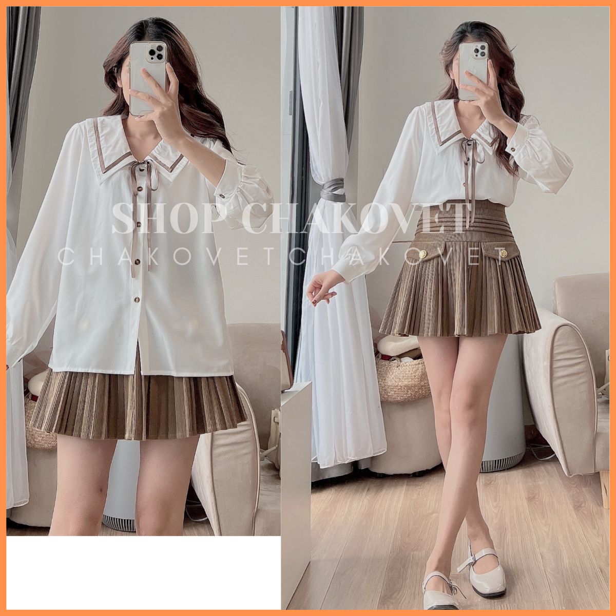 Áo sơ mi lụa cổ bèo dây buộc nơ, ulzzang sơ mi tay phồng trang trí viền nâu cực thanh lịch học sinh công sở a.8571