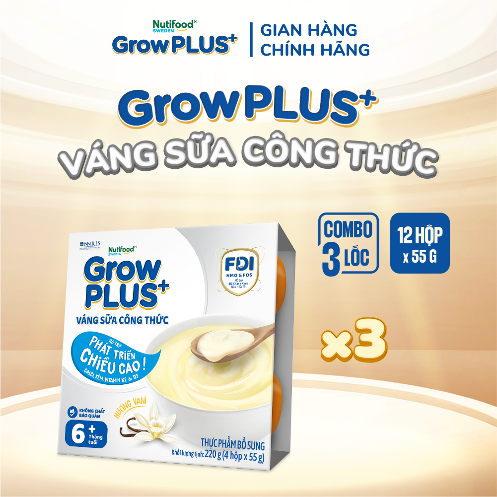 Combo 3 lốc GrowPLUS+ Váng sữa công thức - Hỗ trợ phát triển chiều cao hương Vani & vị Socola (55g x 12 hộp)