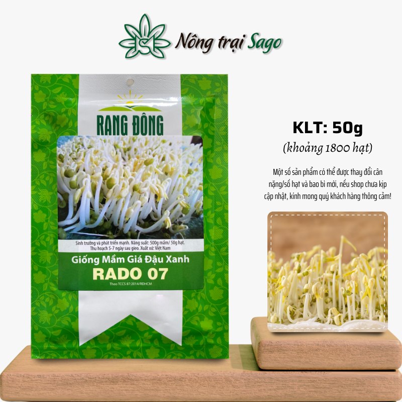 Hạt giống Mầm Giá Đậu Xanh Rado 07 (50g~1800 hạt) dễ chăm sóc, nhanh thu hoạch, trồng quanh năm, hiệu Hạt giống Rạng Đông - Nông Trại Sago