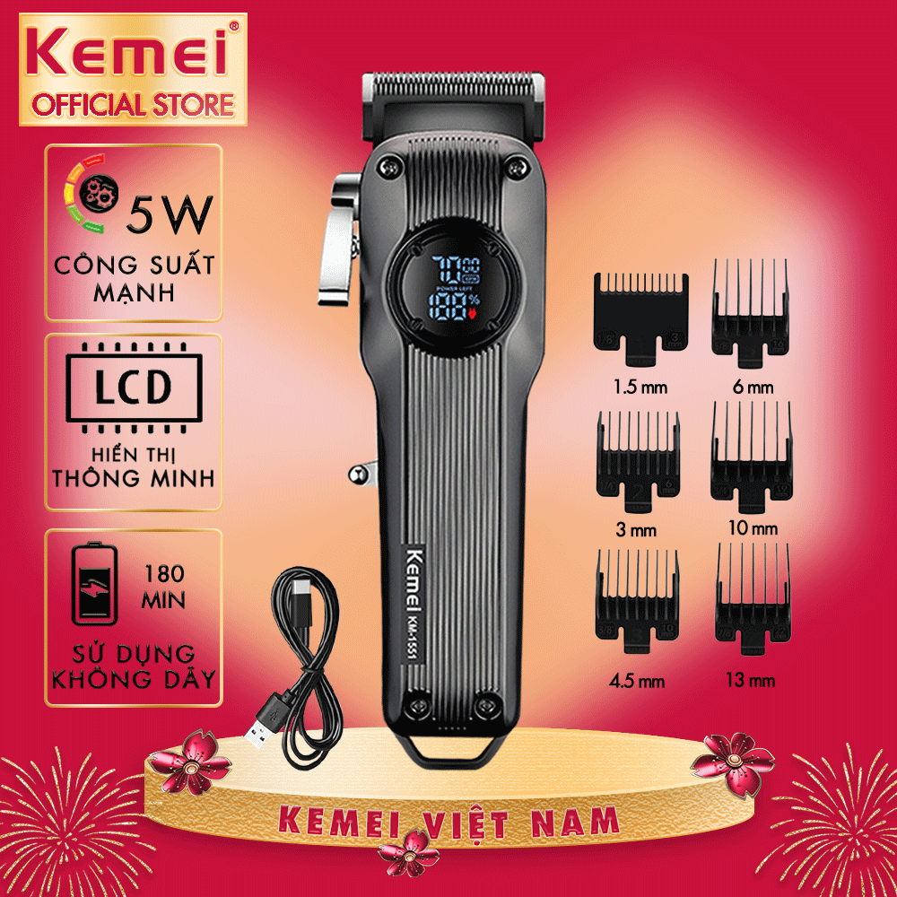 Tông đơ cắt tóc chuyên nghiệp Kemei KM-1551 công suất mạnh 5W màn hình LCD sạc nhanh USB type C tiện lợi - Chính hãng Giá  535,000 Đồng*Miễn phí vận chuyển