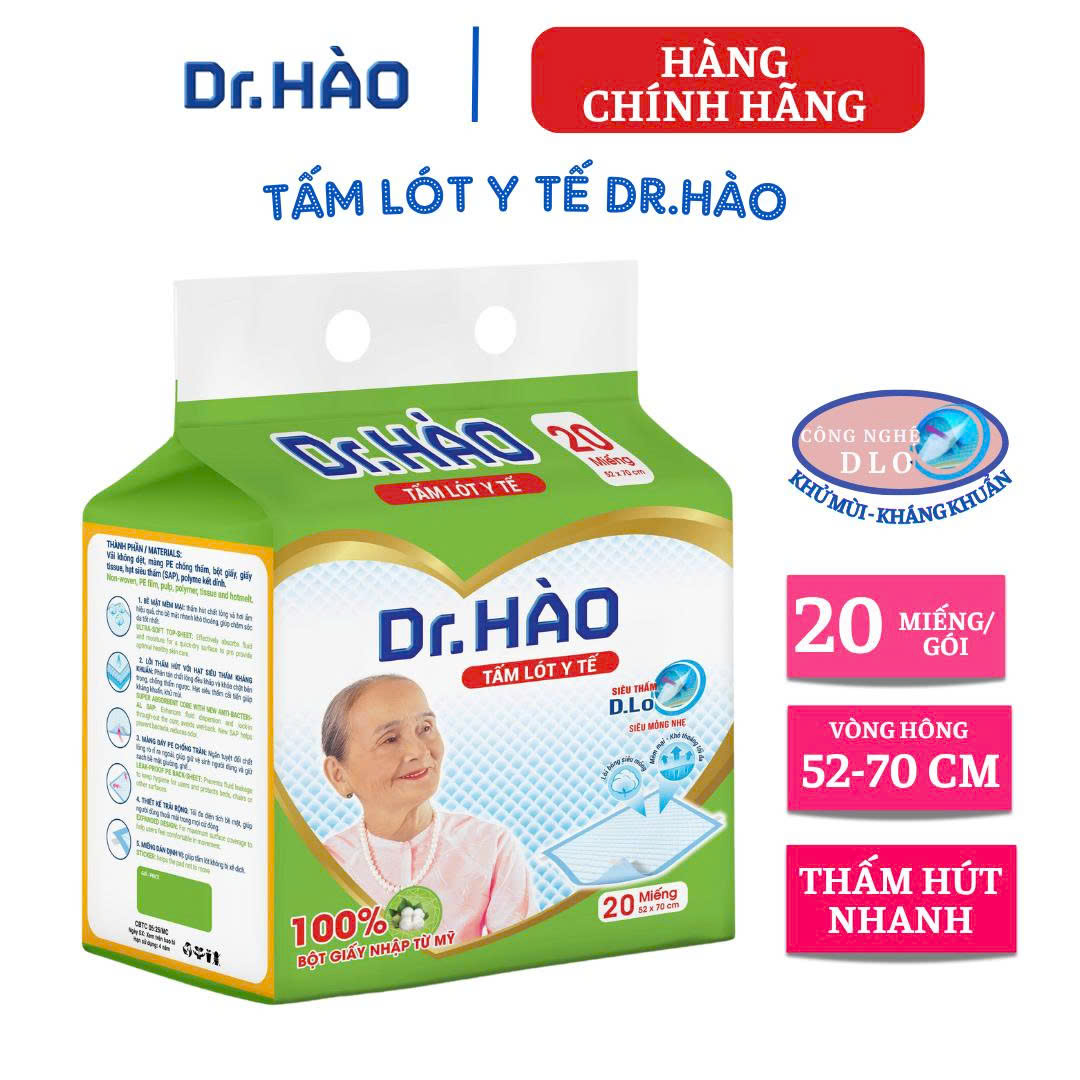 {Hàng chính hãng} Tấm lót y tế DR.HÀO 20 miếng kích thước 52*70cm (BAO GỒM RÌA NILON) Tấm trải giường hỗ trợ người già, người bệnh và phụ nữ sau sinh làm từ bông thiên nhiên kháng khuẩn, khử mùi, thấm hút tối đa