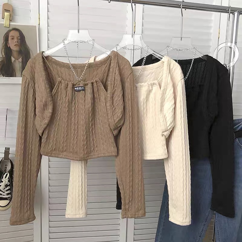 Set áo yếm len kèm áo croptop tay dài S2712