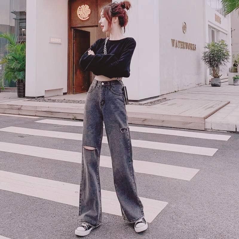 ( ẢNH THẬT) QUẦN JEAN ỐNG RỘNG RÁCH 2 VẠCH DÁNG DÀI CẠP CAO THỜI TRANG HÀN QUỐC, AMELIA