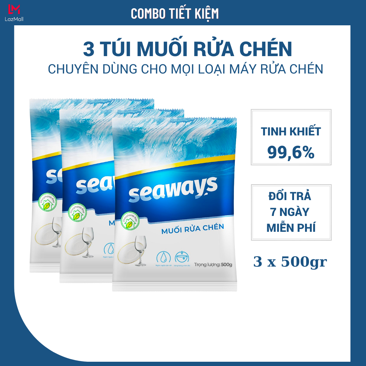 Combo 3 túi muối rửa chén bát Seaways dành cho mọi máy rửa chén bát - 3 x 500gr