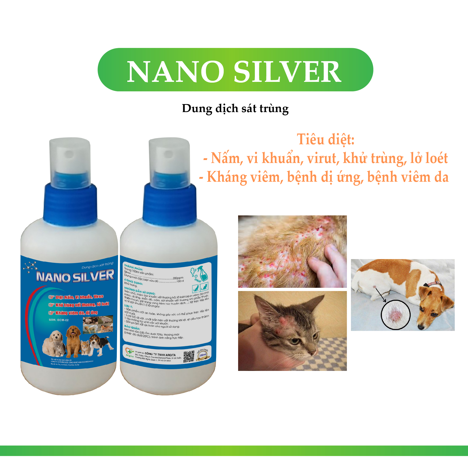 chai  100ml siver nano --  nấm da .. viêm da .. ghẽ  lỡ .. vết thương hở .. đối với thú cưng .. chó mèo ..hiệu quả ngay 3 lần xịt