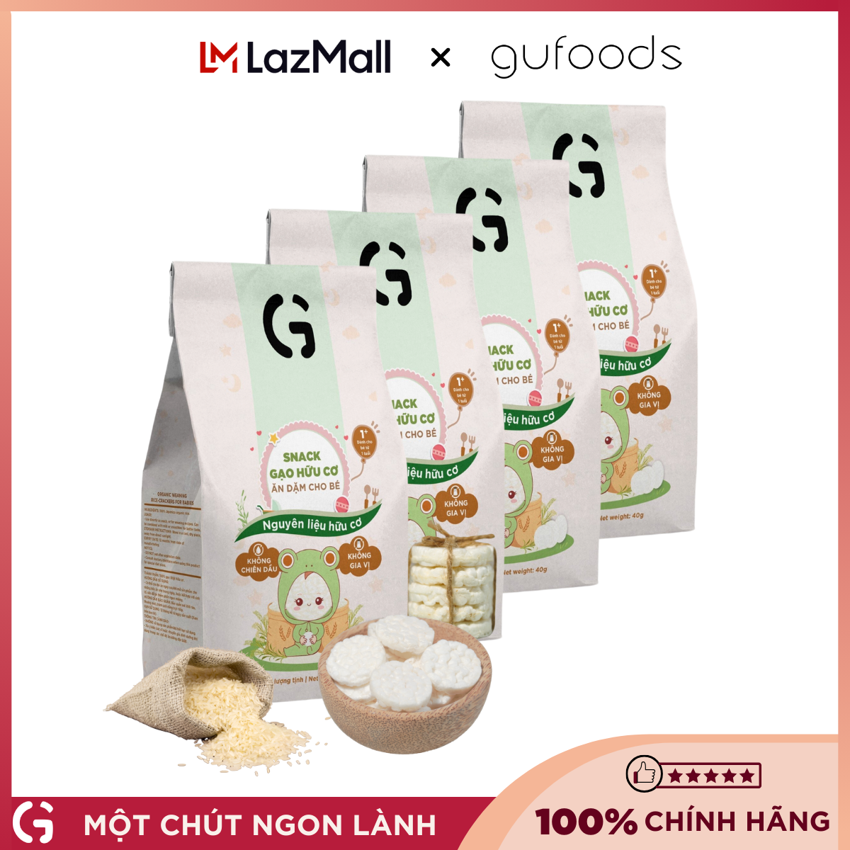 Combo 4 gói Bánh snack ăn dặm hữu cơ cho bé GUfoods (mỗi gói 40g) - Thành phần organic, Không gia vị, Dễ Ăn, Dễ tiêu hoá, Phù hợp cho bé từ 1 tuổi