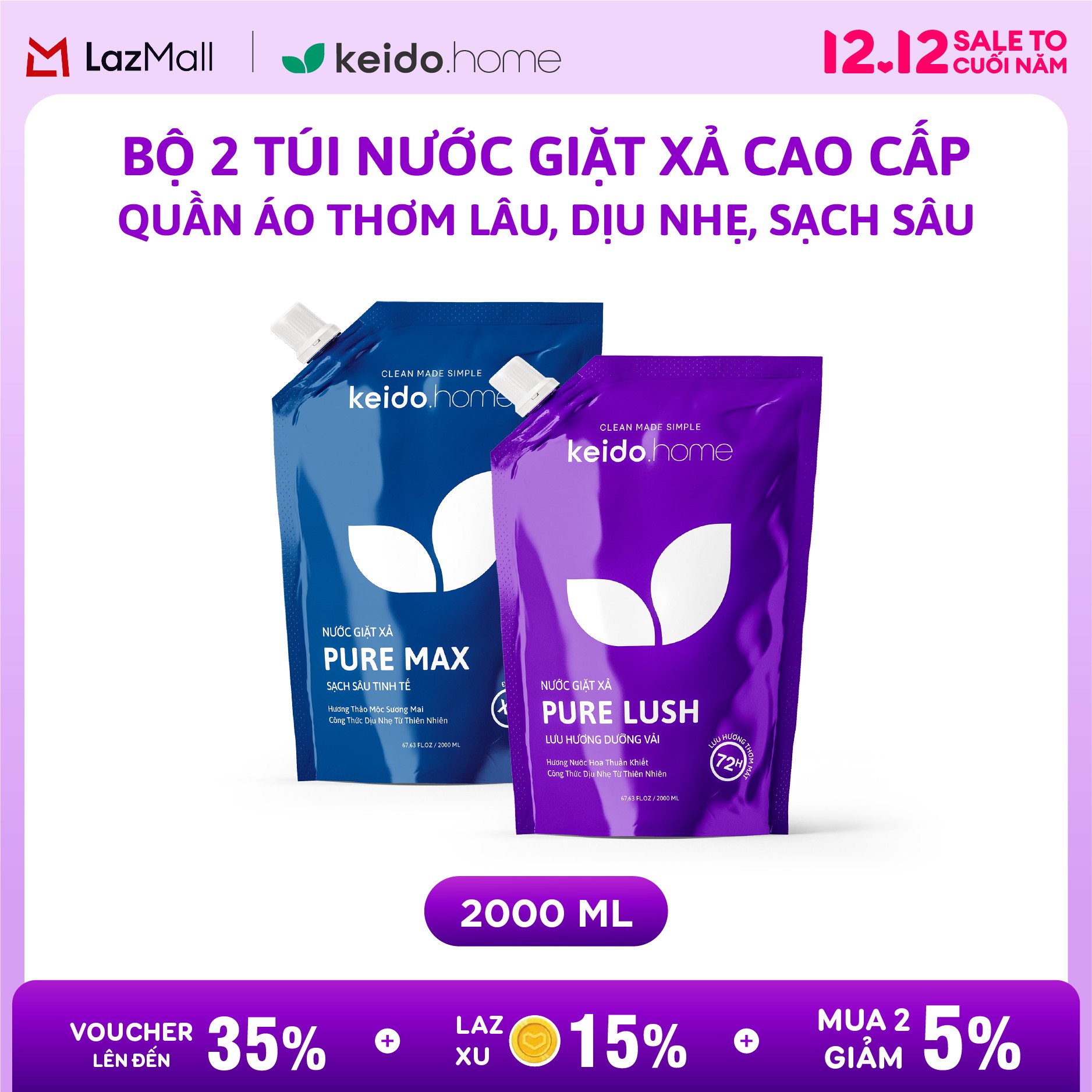 Set of 2 Bags of Keido.Home Premium Laundry Detergent 2000ml – Long-Lasting Fragrance, Protects Clothes, Premium Perfume Fragrance - Thương hiệu keido.home Giá 156,640 Đồng*Miễn phí vận chuyển