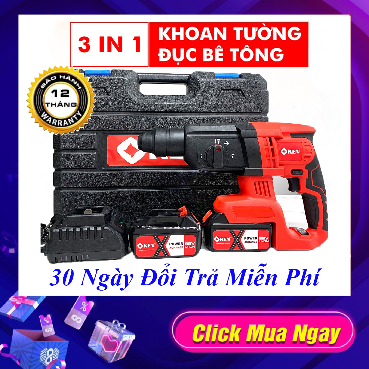 MÁY KHOAN BÊ TÔNG PIN KEN 88V - 3 CHỨC NĂNG-KHÔNG CHỔI THAN - MÁY KHOAN ĐỤC BÊ TÔNG DÙNG PIN - MÁY KHOAN TƯỜNG DÙNG PIN  - MÁY KHOAN DÙNG PIN