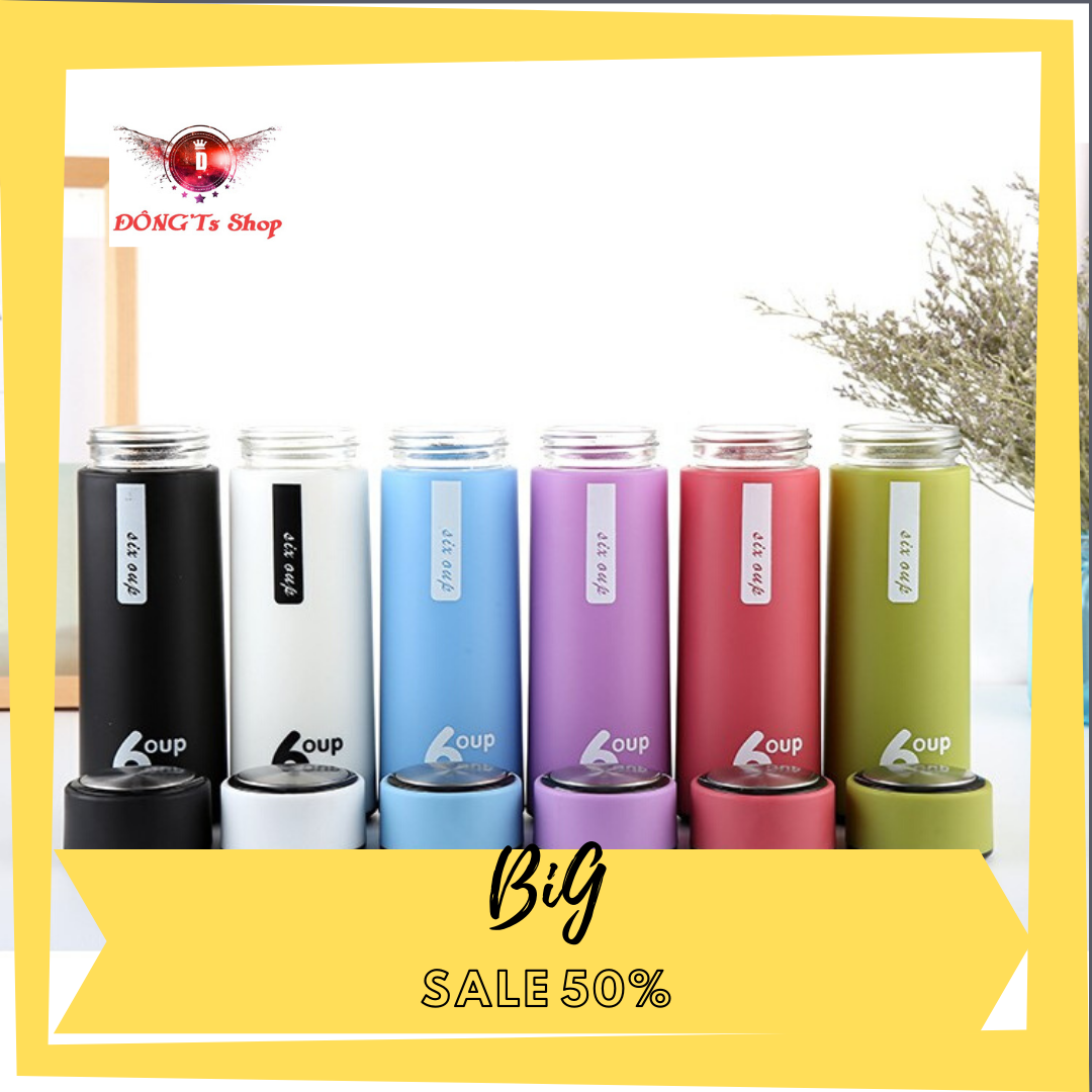 Bình đựng nước thủy tinh 6OUP có nắp đậy kiểu dáng thời trang dung tích 450ml -Ruột bằng thủy tinh sạch 100% bên ngoài bọc nhựa an toàn tuyệt đối - Bảo Hành 1 đổi 1 tại VanDongTS Shop