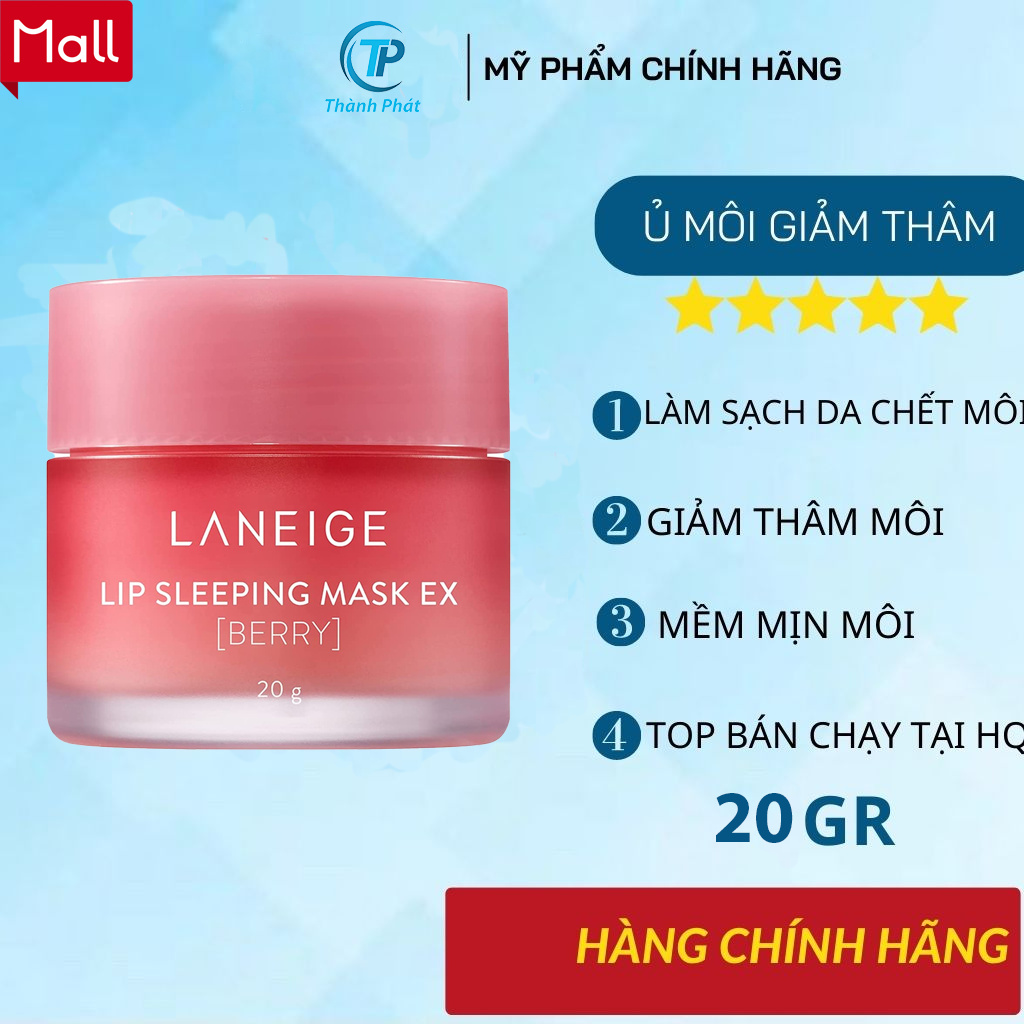 Mặt nạ ngủ môi chống nẻ laneige, mặt nạ ngủ môi dưỡng ẩm, căng bóng mềm mịn hương dâu laneige lip sleeping mask 20g